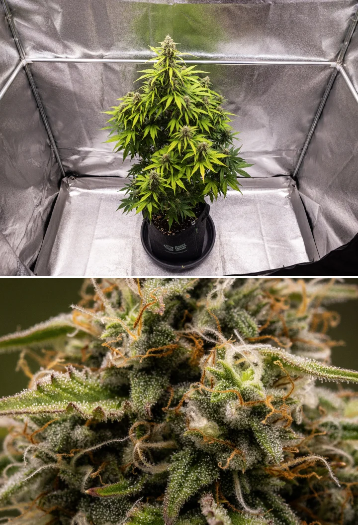 Grow report Atlas F1: tydzień 8, kwiaty gotowe do zbioru Roślina konopi Atlas F1 rosnąca w donicy materiałowej w 8. tygodniu grow reportu, pokazująca oszronione dojrzałe kwiaty, gęste pokrycie trichomami, pomarańczowe słupki i kwitnienie gotowe do zbioru.
