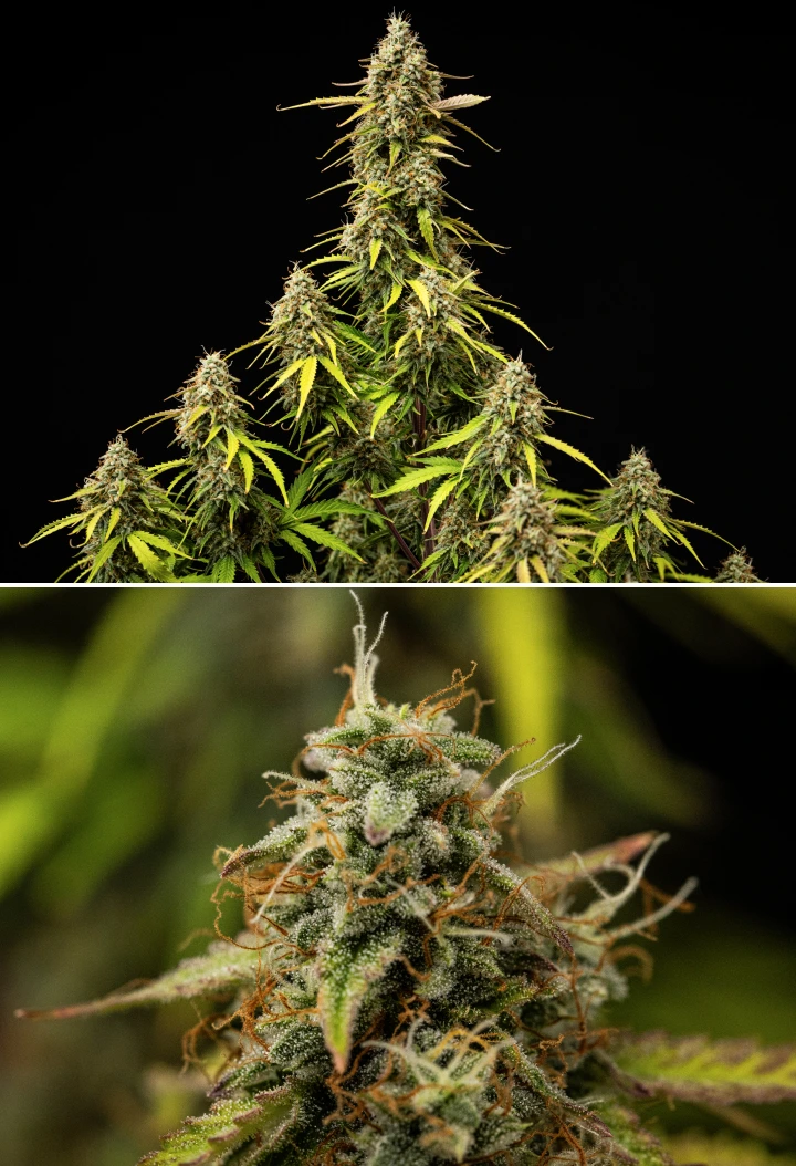 Grow report Atlas F1: tydzień 9, końcowe dojrzewanie Roślina konopi Atlas F1 w 9. tygodniu grow reportu, pokazująca w pełni dojrzałe kwiaty, gęste pokrycie trichomami, pomarańczowe słupki, blednące liście i dojrzały wzrost w fazie kwitnienia.