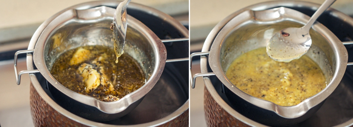 Delikatne gotowanie cannabutter w kąpieli wodnej Mieszanka cannabutter delikatnie gotująca się w kąpieli wodnej, z łyżką mieszającą infuzowane masło, aby utrzymać równomierne ciepło i zapobiec przegrzaniu