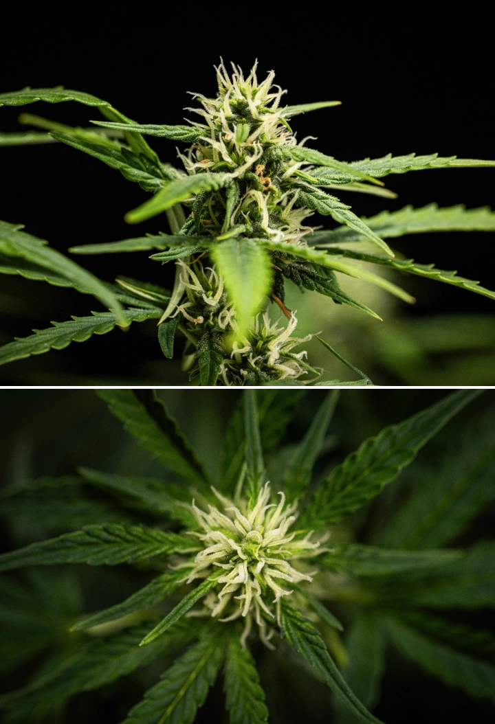 Roślina konopi NYC Sour Diesel Auto w 6. tygodniu kwitnienia, osiągająca około 122 cm, z wolniejszym wzrostem pionowym, twardszymi kwiatami, początkowym rozwojem żywicy i gęstym formowaniem kwiatów pod światłem LED