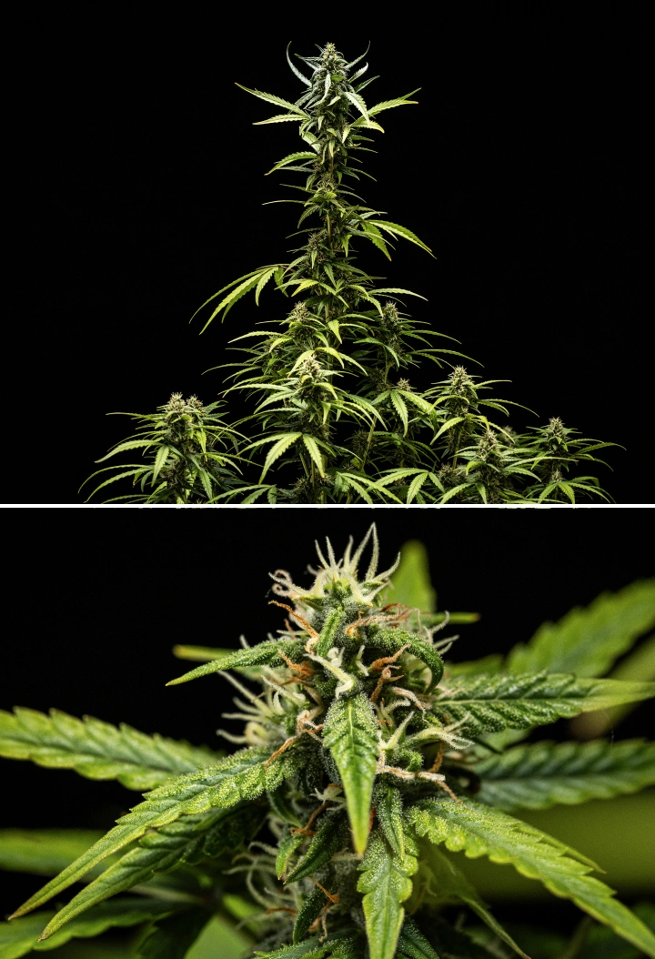 Roślina konopi NYC Sour Diesel Auto w 7. tygodniu kwitnienia z gęstymi, lepkimi kwiatami, zwiększoną produkcją żywicy, główną colą blisko światła, lekkim blednięciem liści i podpartymi, uginającymi się gałęziami