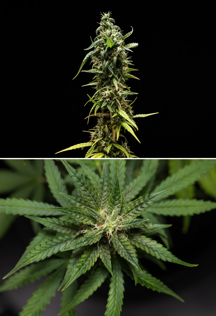 Roślina konopi NYC Sour Diesel Auto w 8. tygodniu kwitnienia z mlecznymi trichomami, kompaktowymi aromatycznymi kwiatami, intensywną produkcją żywicy i nieco mniej dojrzałą górną colą tuż przed zbiorem