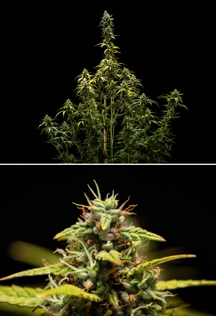 Roślina konopi NYC Sour Diesel Auto w 9. tygodniu kwitnienia podczas zbioru, z głównie mlecznymi trichomami, gęstymi kwiatami, wysoką strukturą i lekkim stresem świetlnym na górnej coli