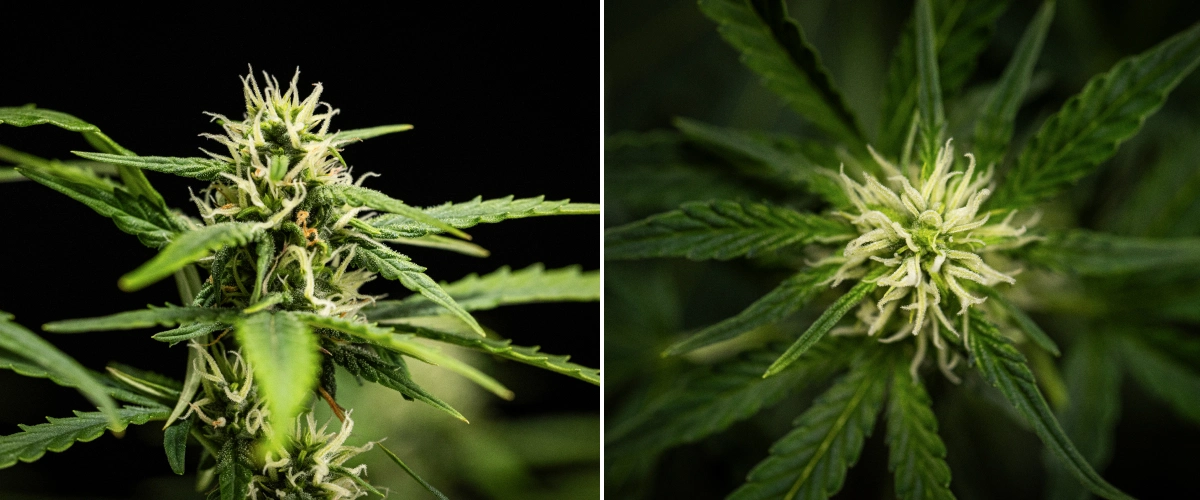 Roślina konopi NYC Sour Diesel Auto w 6. tygodniu kwitnienia, osiągająca około 122 cm, z wolniejszym wzrostem pionowym, twardszymi kwiatami, początkowym rozwojem żywicy i gęstym formowaniem kwiatów pod światłem LED