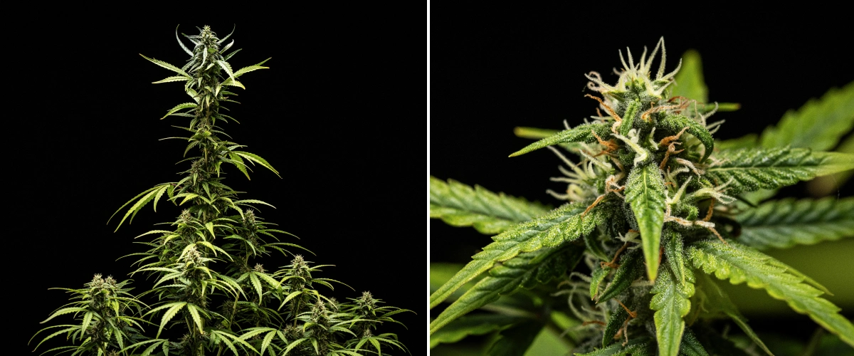 Roślina konopi NYC Sour Diesel Auto w 7. tygodniu kwitnienia z gęstymi, lepkimi kwiatami, zwiększoną produkcją żywicy, główną colą blisko światła, lekkim blednięciem liści i podpartymi, uginającymi się gałęziami