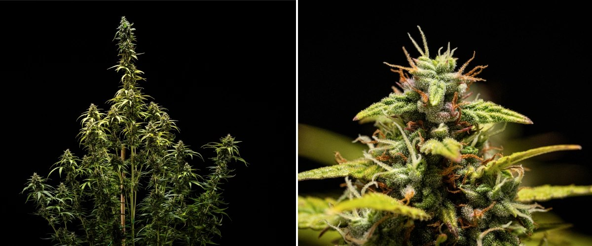 Roślina konopi NYC Sour Diesel Auto w 9. tygodniu kwitnienia podczas zbioru, z głównie mlecznymi trichomami, gęstymi kwiatami, wysoką strukturą i lekkim stresem świetlnym na górnej coli