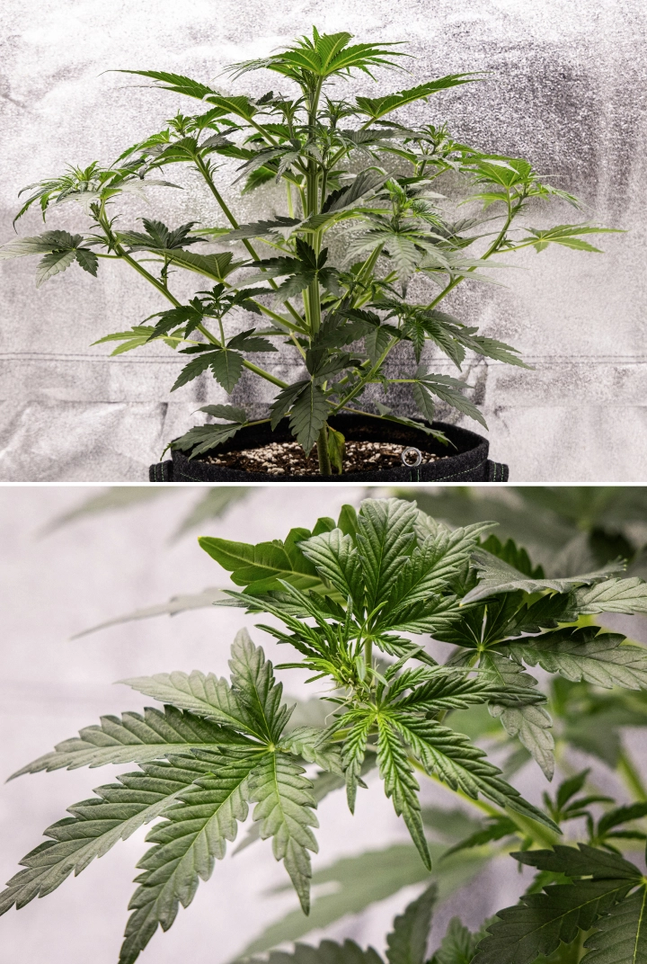 Grow report Royal Creamatic: tydzień 4, wczesne kwitnienie Roślina konopi Royal Creamatic w 4. tygodniu, pokazująca początek kwitnienia, zdrowe zielone ulistnienie, świeże słupki i silny rozwój gałęzi.