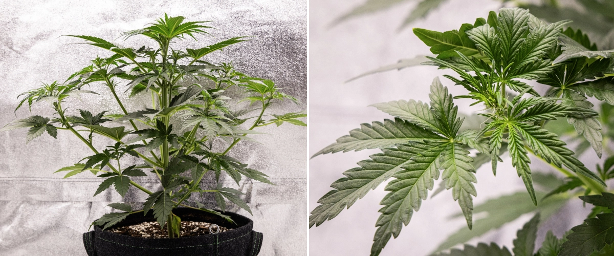 Grow report Royal Creamatic: tydzień 4, wczesne kwitnienie Roślina konopi Royal Creamatic w 4. tygodniu, pokazująca początek kwitnienia, zdrowe zielone ulistnienie, świeże słupki i silny rozwój gałęzi.