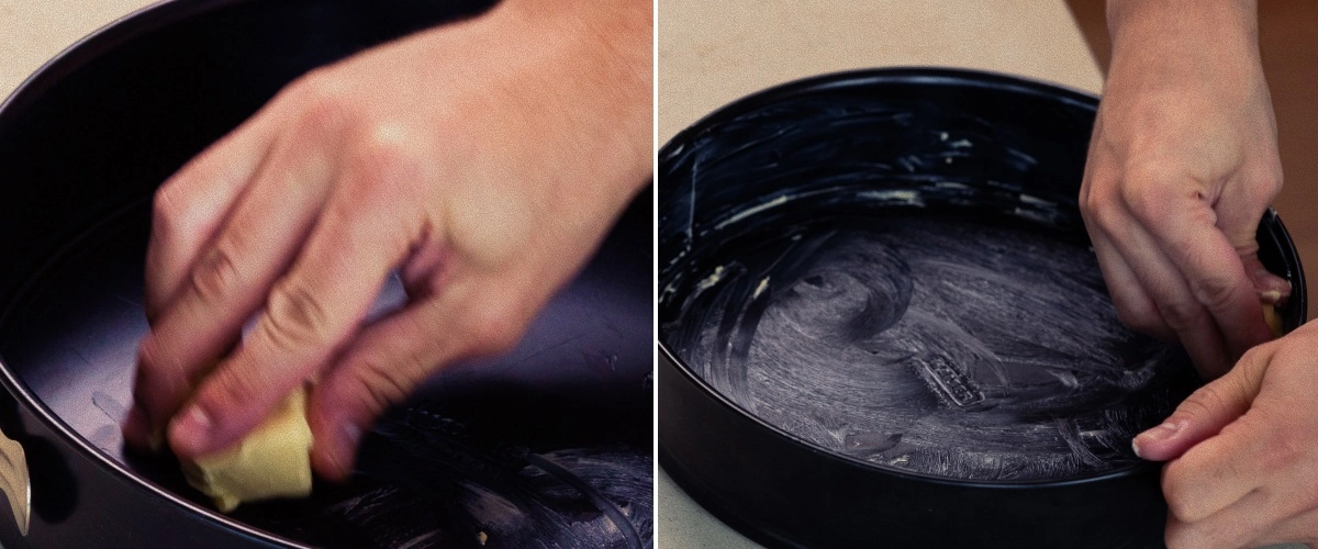 Natłuszczanie tortownicy masłem, pierwszy krok w pieczeniu domowego cannabis space cake