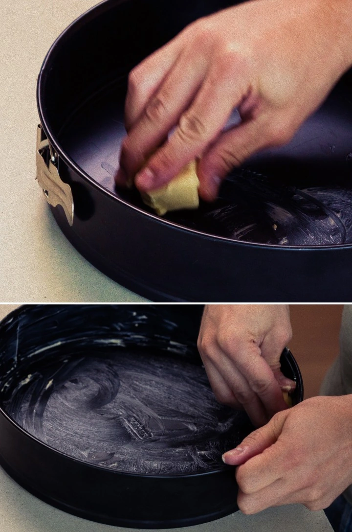 Natłuszczanie tortownicy masłem, pierwszy krok w pieczeniu domowego cannabis space cake