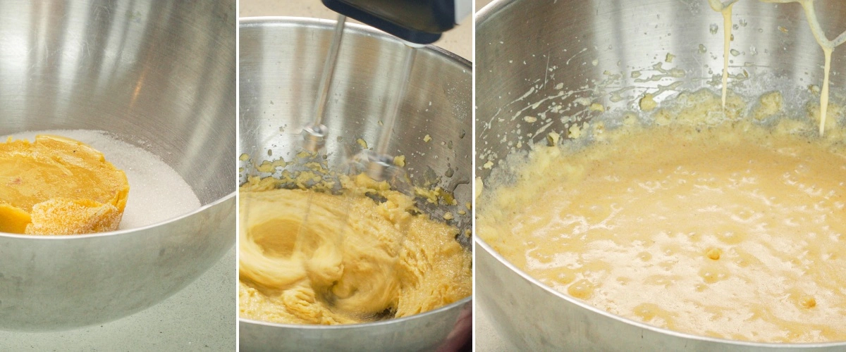 Mieszanie czekoladowego ciasta z masłem, cukrem, jajkami, kakao i mlekiem, drugi krok w pieczeniu cannabis space cake