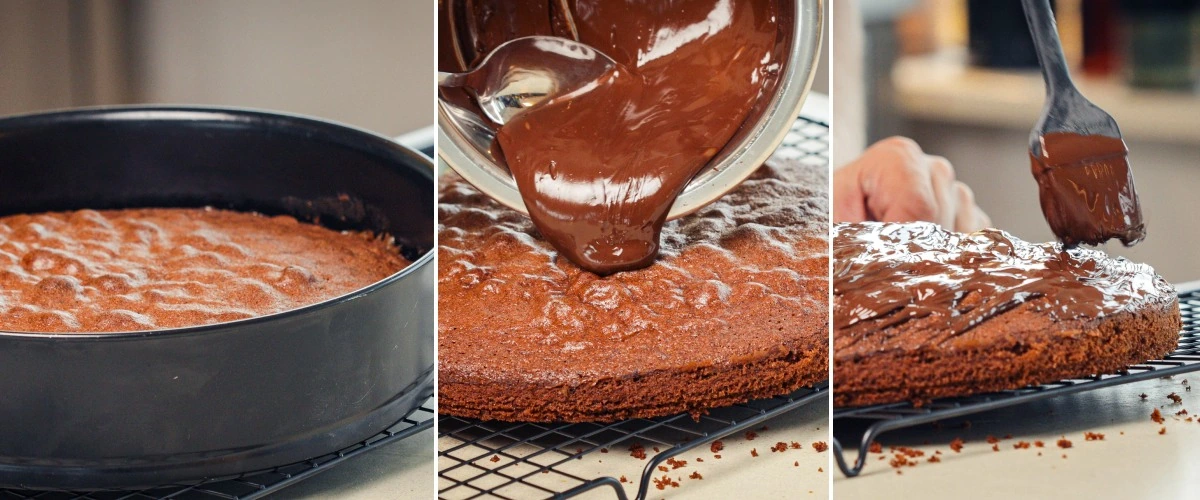 Polewanie roztopioną gorzką czekoladą ostudzonego space cake i równomierne rozprowadzanie, czwarty krok wykończenia cannabis space cake