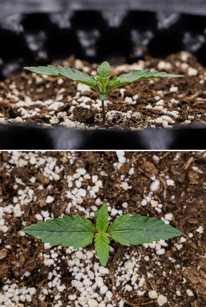 Pěstební Report GOAT'lato Auto – Týden 1 Fáze Sazenice Sazenice konopí GOAT'lato Auto v týdnu 1 pěstovaná v BioBizz Light Mix pod LED světlem, s prvními pravými listy a silným raným růstem